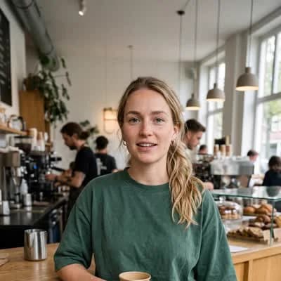 June, a UGC creator in a green tee at a café counter