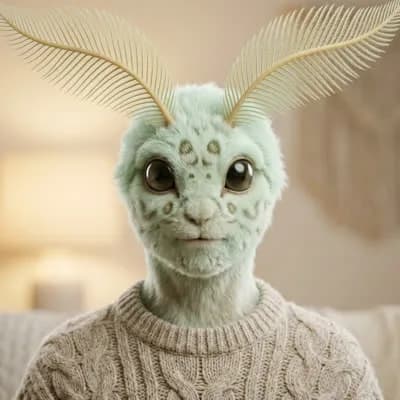 Luna, a mint moth avatar in a cable-knit sweater