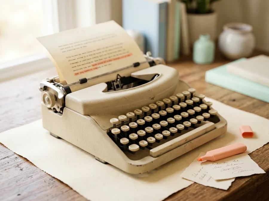Vintage typewriter with a script page and peach highlighter
